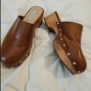 Steven New York Brown Studded Clog Mules Wooden Heel Slip On Size 7.5